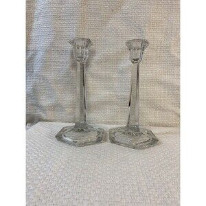 Vintage New Martinsville Tall Clear Glass 9” Candlestick Set Of 2 USA Ma…